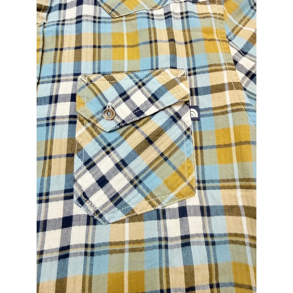 NORTH FACE Mens Medium Blue Mustard Plaid Short Sleeve Button up Casual Shirt U6